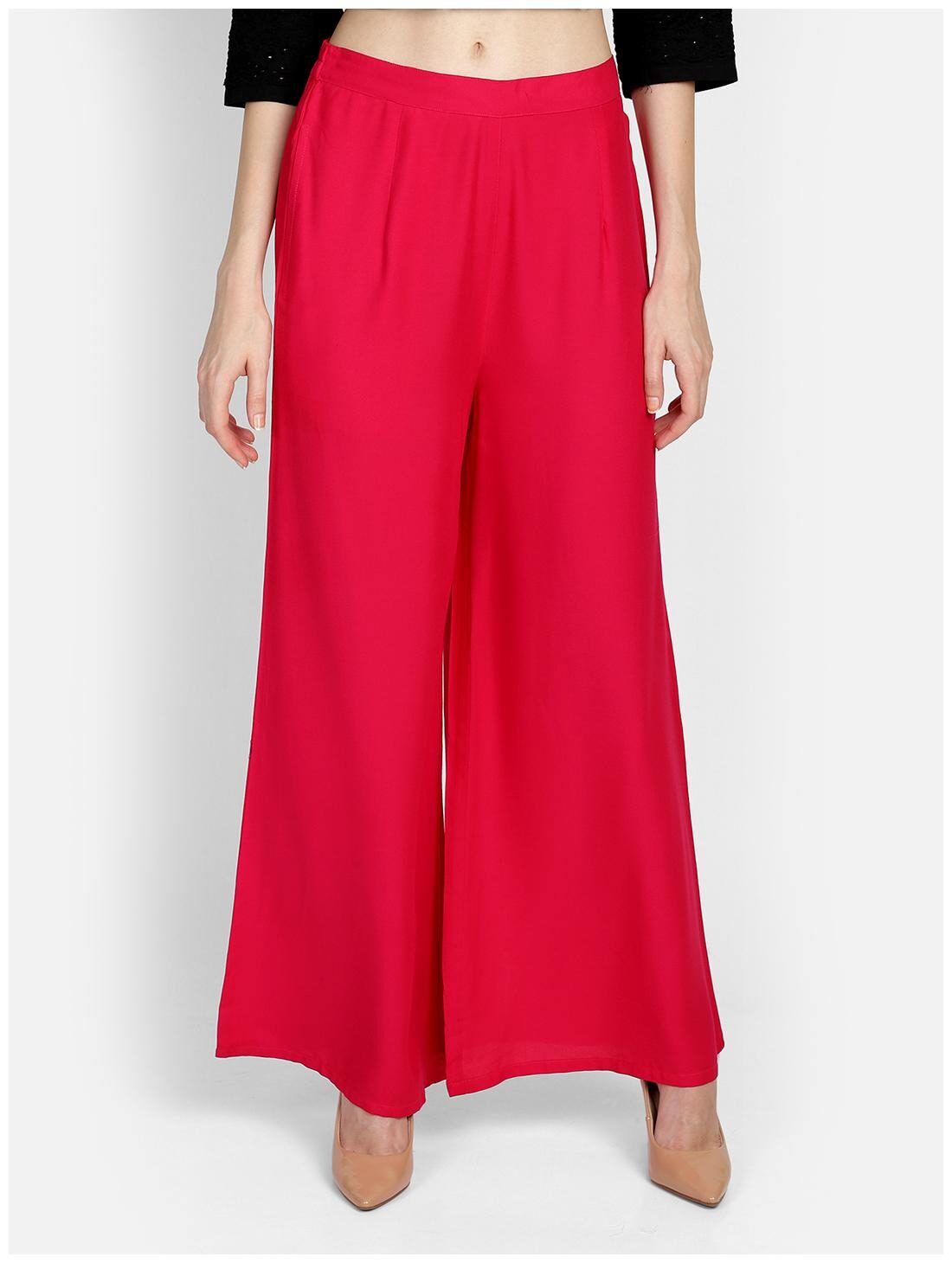 

Bani Women Viscose Rayon Flared Solid Palazzo For Women (Fuschia)