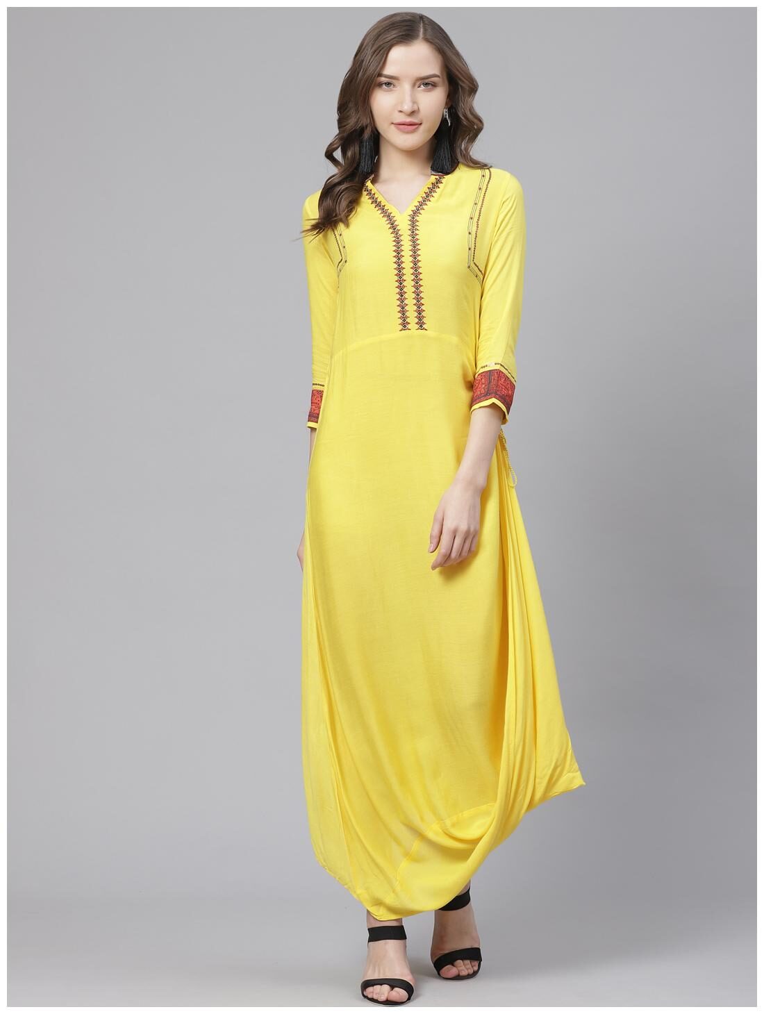 

Bani Women Viscose Rayon Embroidered Stitched Dress Gown For Women (Yellow)