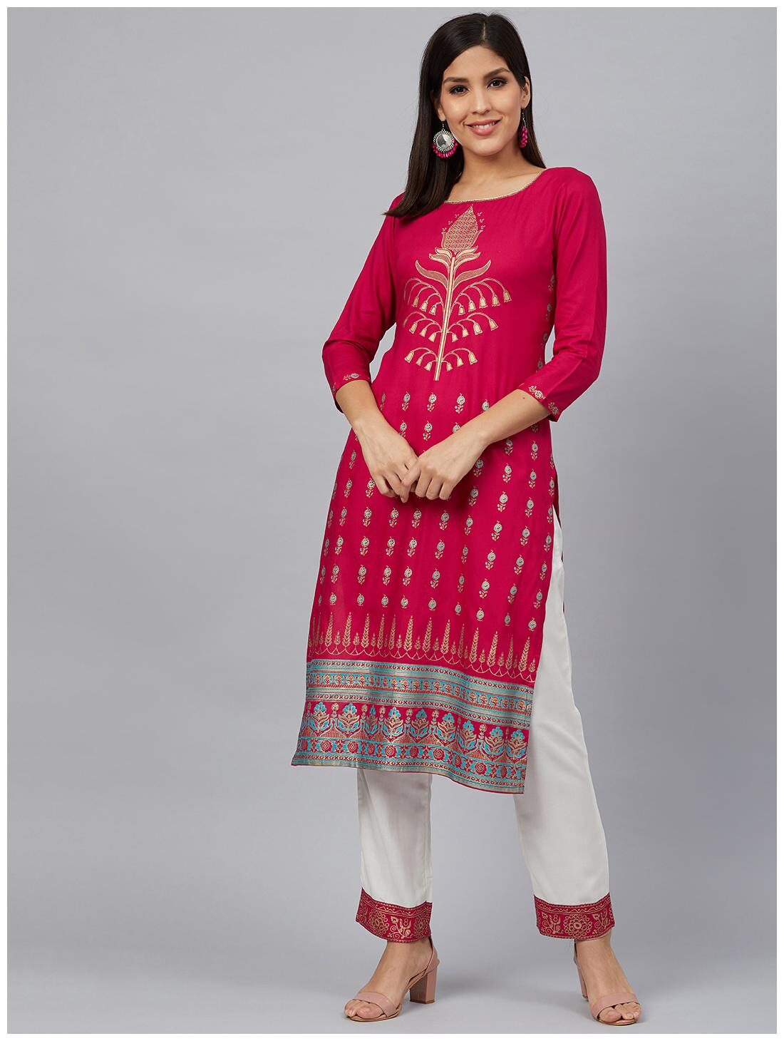 

Bani Women Viscose Rayon Round Neck Kurta Pant Set For Women (Fuschia)