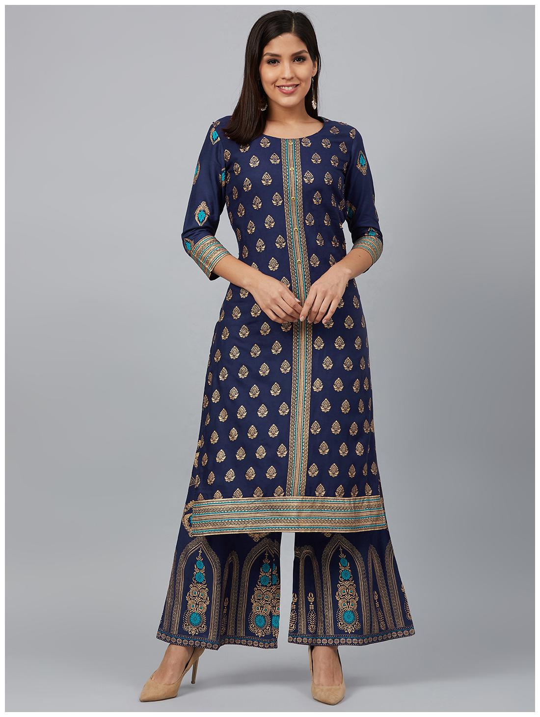 

Bani Women Women Navy Blue Ethnic Motifs Straight Kurta With Palazzo