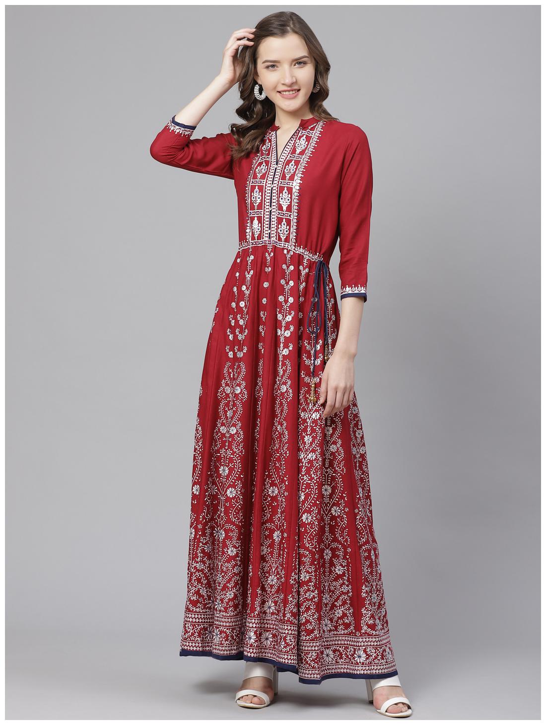 

Bani Women Viscose Rayon Printed Stitched Dress Gown For Women (Maroon)