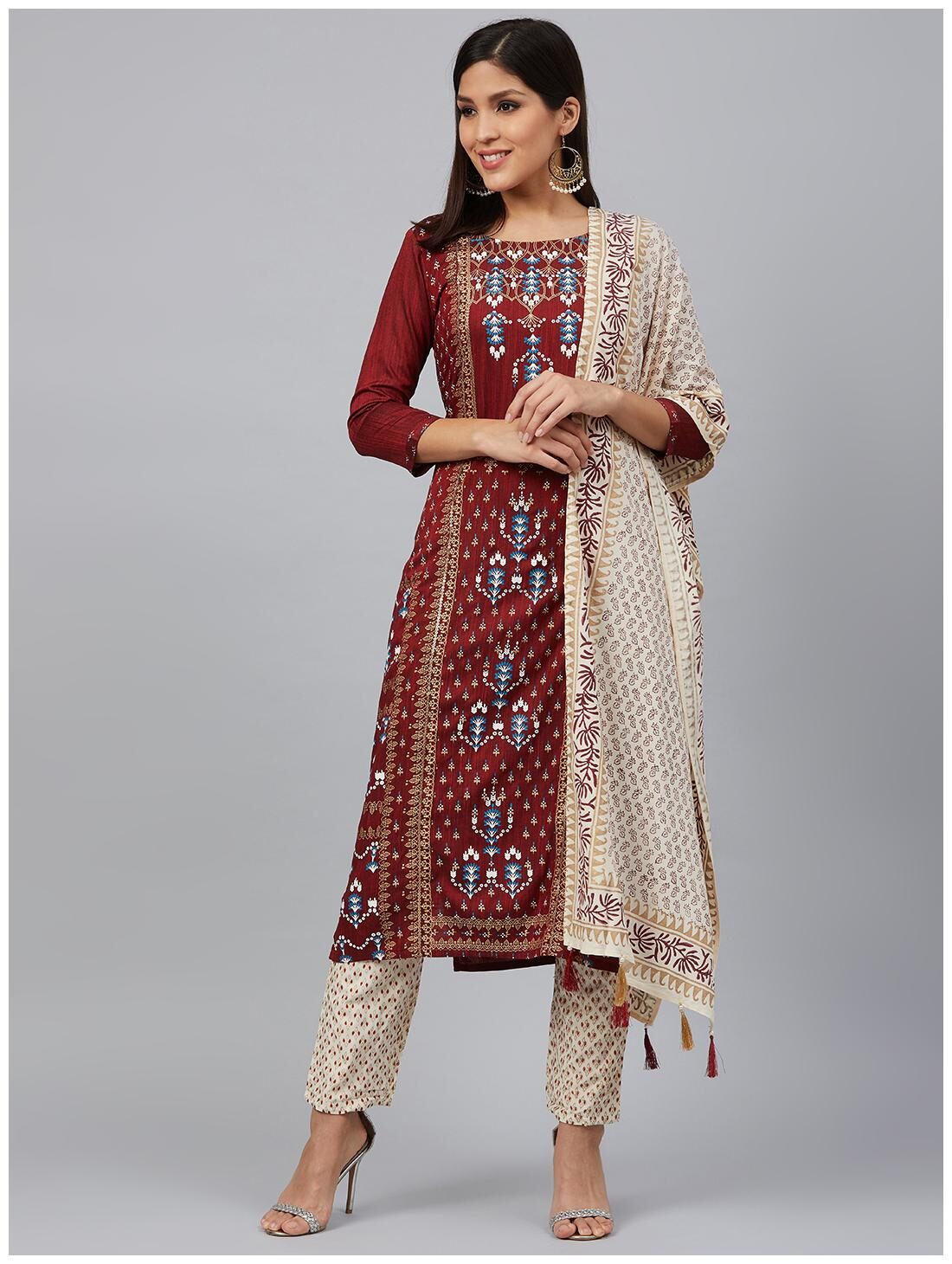 

Bani Women Women Maroon Printed Straight Kurta With Pants And Dupatta