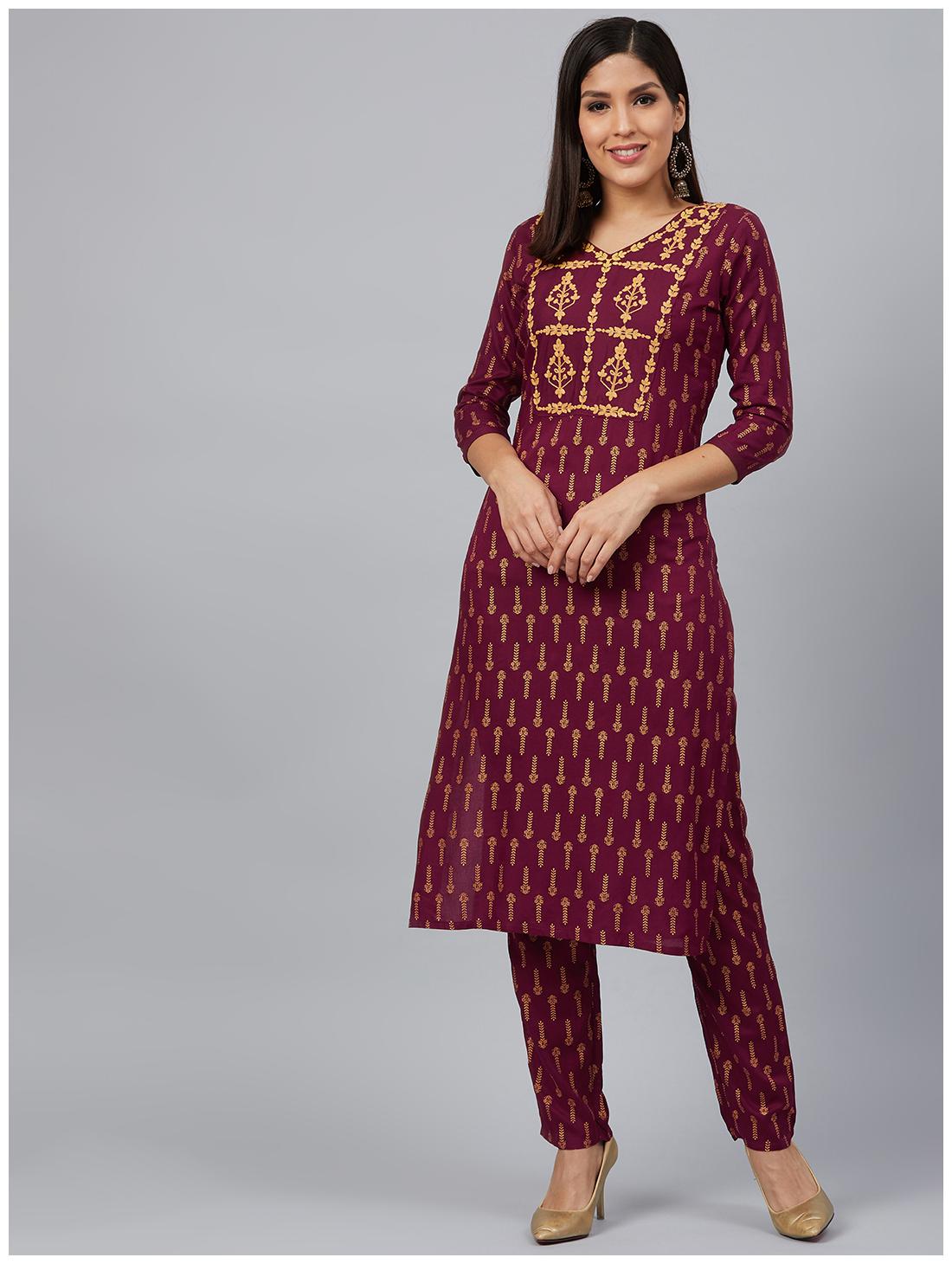 

Bani Women Viscose Rayon Embroidered Maroon Kurta With Pants