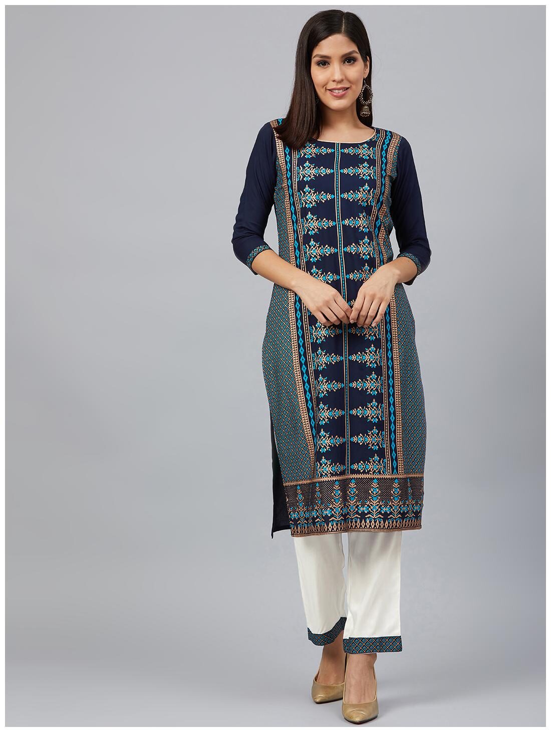 

Bani Women Women Navy Blue Printed Straight Kurta With Pants