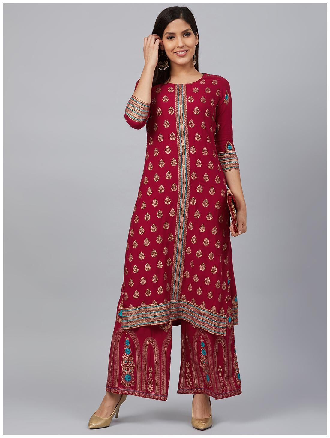 

Bani Women Women Maroon Ethnic Motifs Straight Kurta With Palazzo