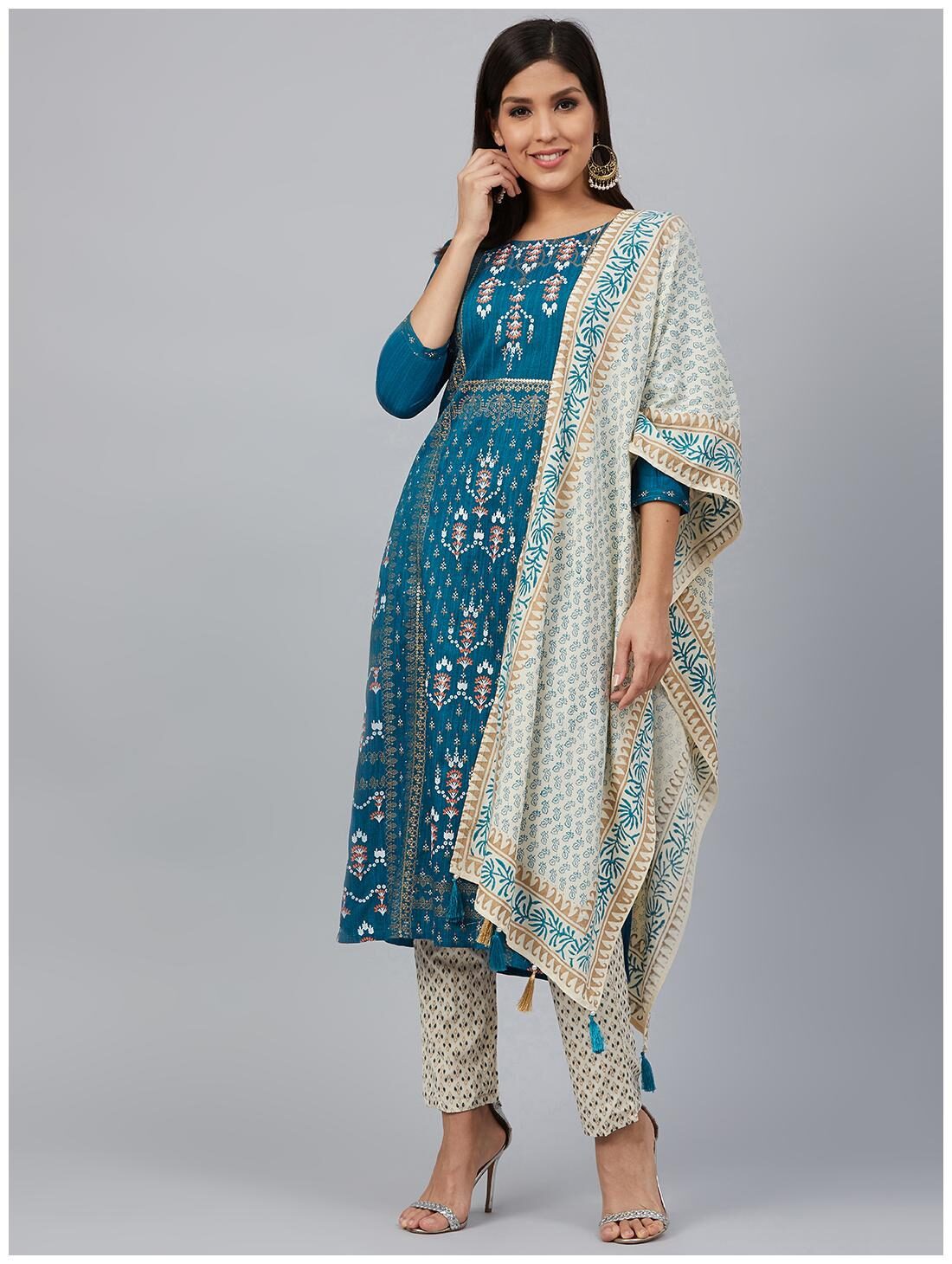 

Bani Women Women Turquoise Printed Straight Kurta With Pants And Dupatta