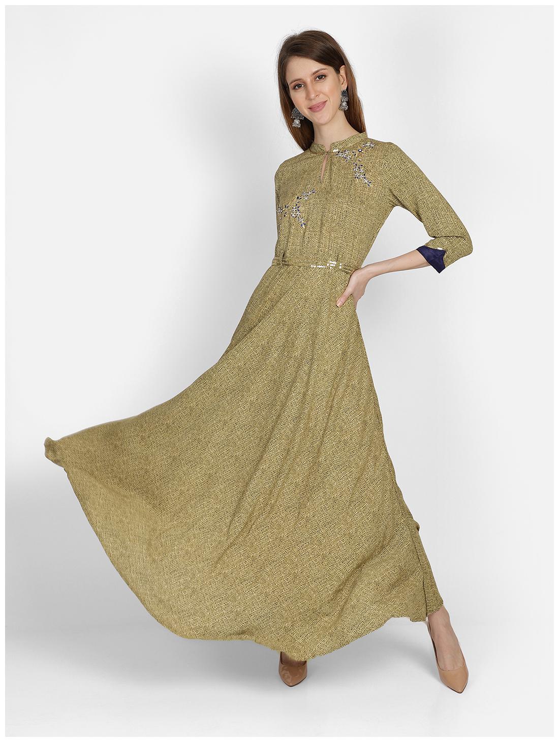 

Bani Women Viscose Rayon Embroidered Stitched Dress Gown For Women (Green)
