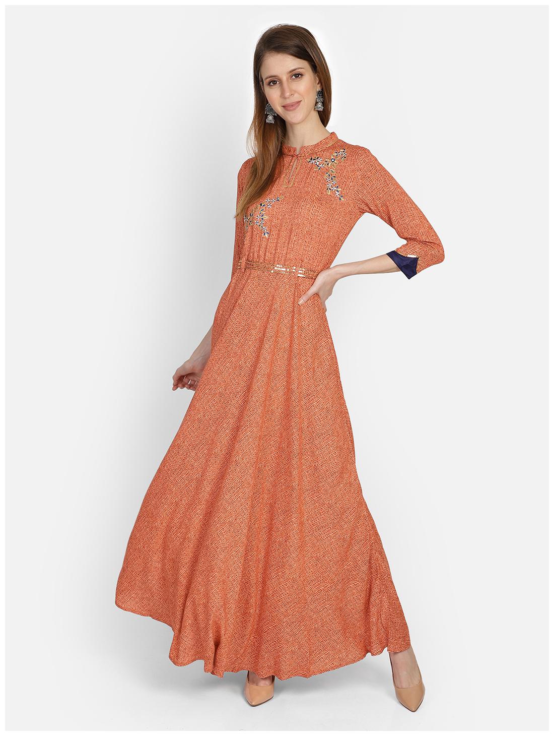 

Bani Women Viscose Rayon Embroidered Stitched Dress Gown For Women (Orange)