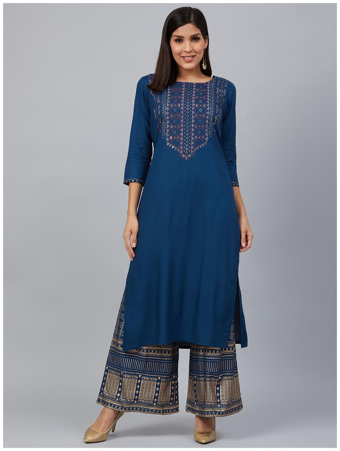

Bani Women Women Navy Blue Ethnic Motifs Straight Kurta With Palazzo
