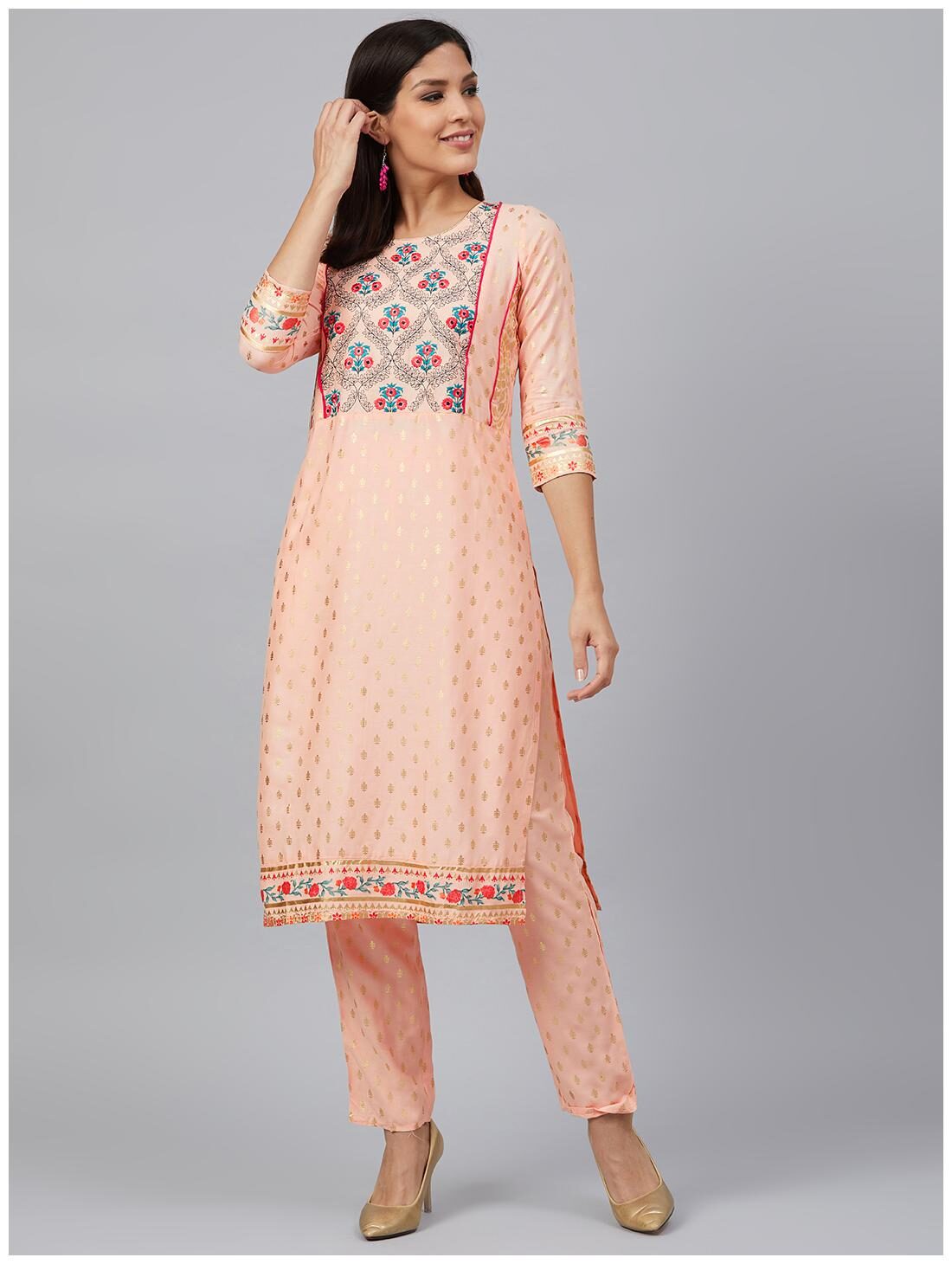 

Bani Women Viscose Rayon Embroidered Peach Kurta With Pants