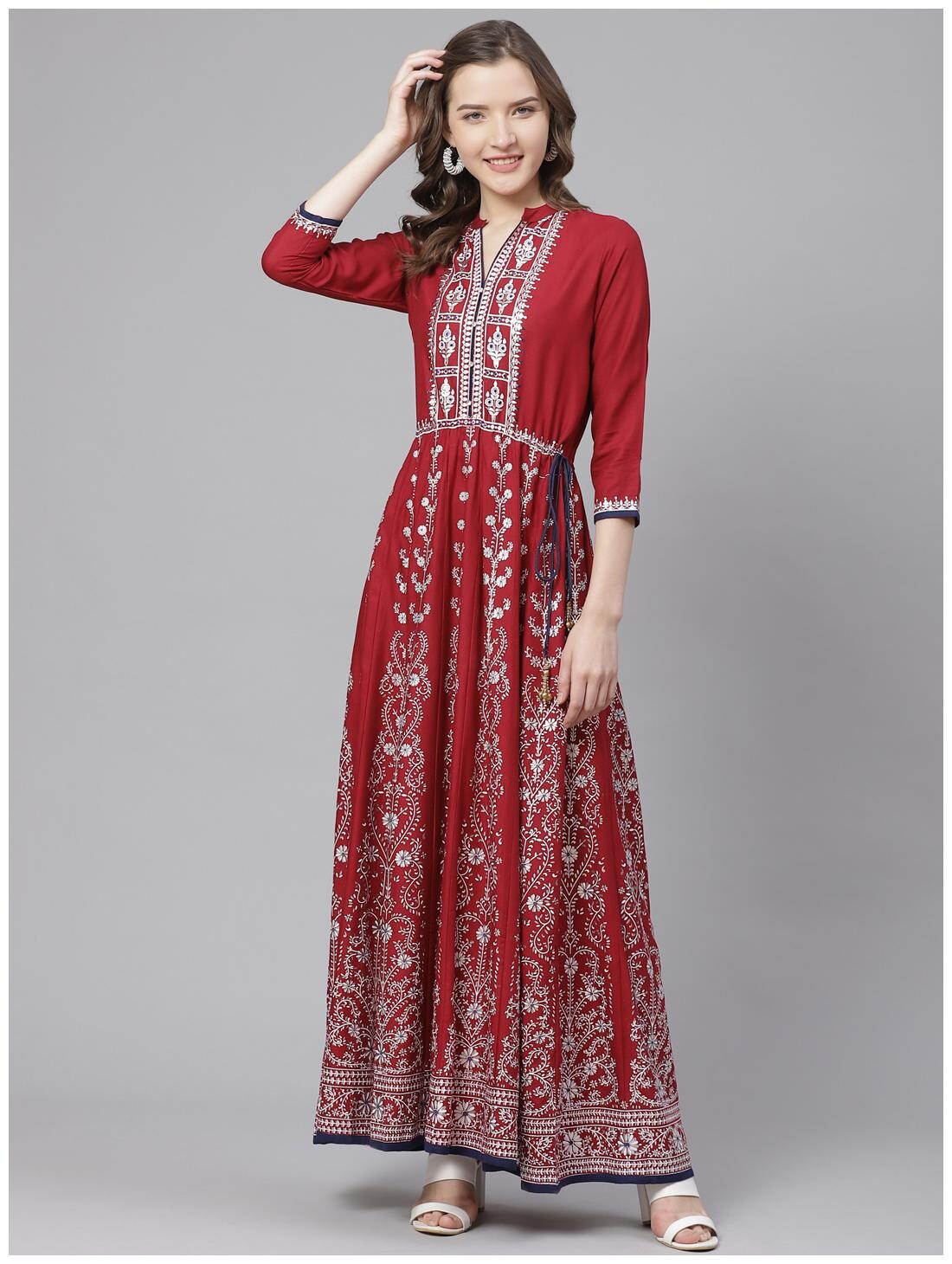 

Bani Women Viscose Rayon Printed Stitched Dress Gown For Women (Maroon)