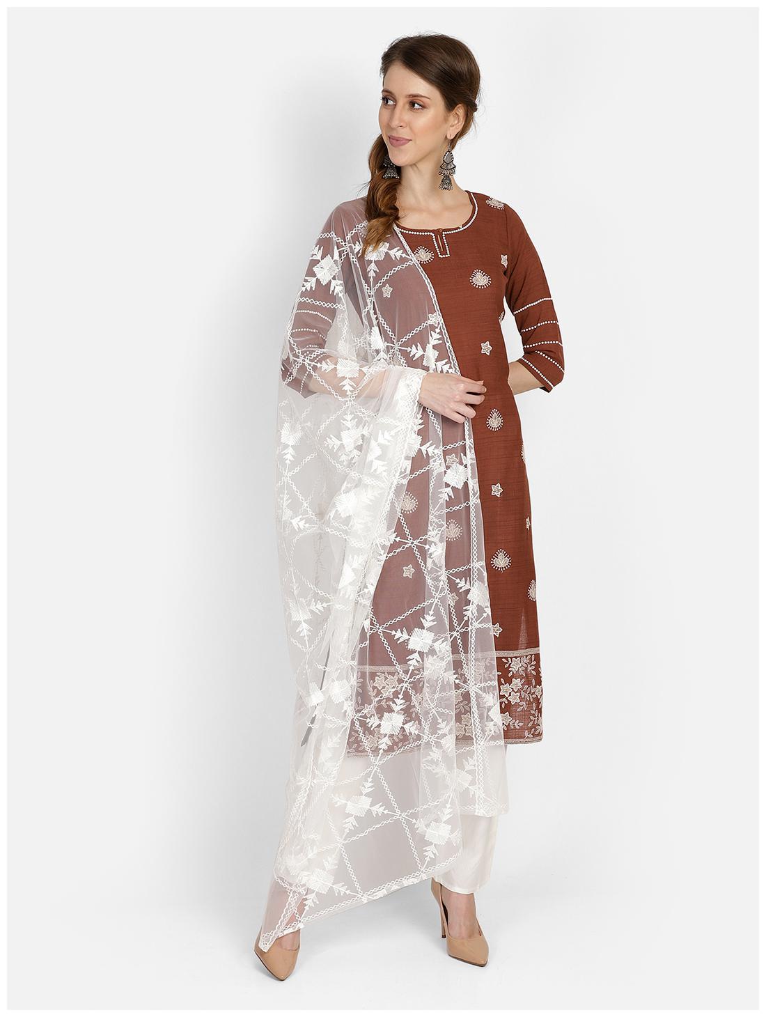 

Bani Women Women Brown Floral Straight Kurta With Pants And Dupatta