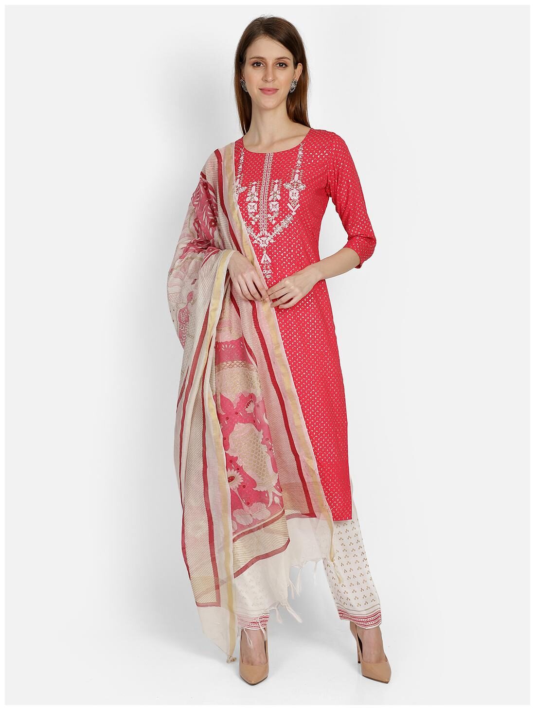 

Bani Women Women Viscose Rayon Floral Fuschia Kurta With Pants With Dupatta