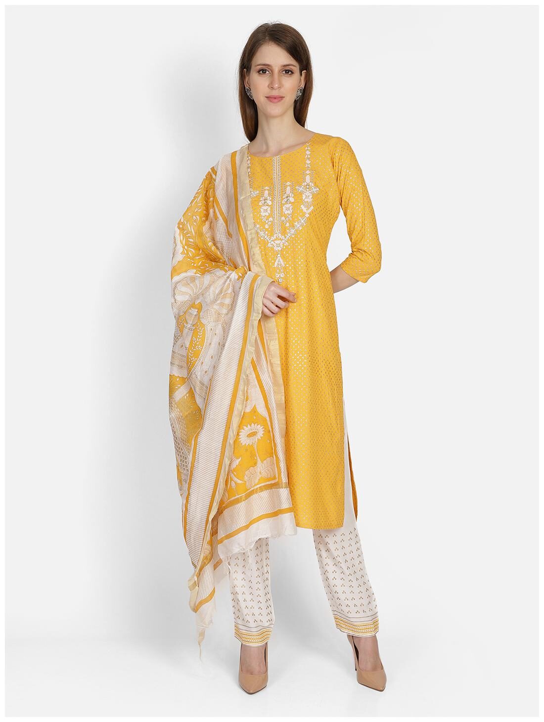 

Bani Women Women Yellow Floral Straight Kurta With Pants And Dupatta