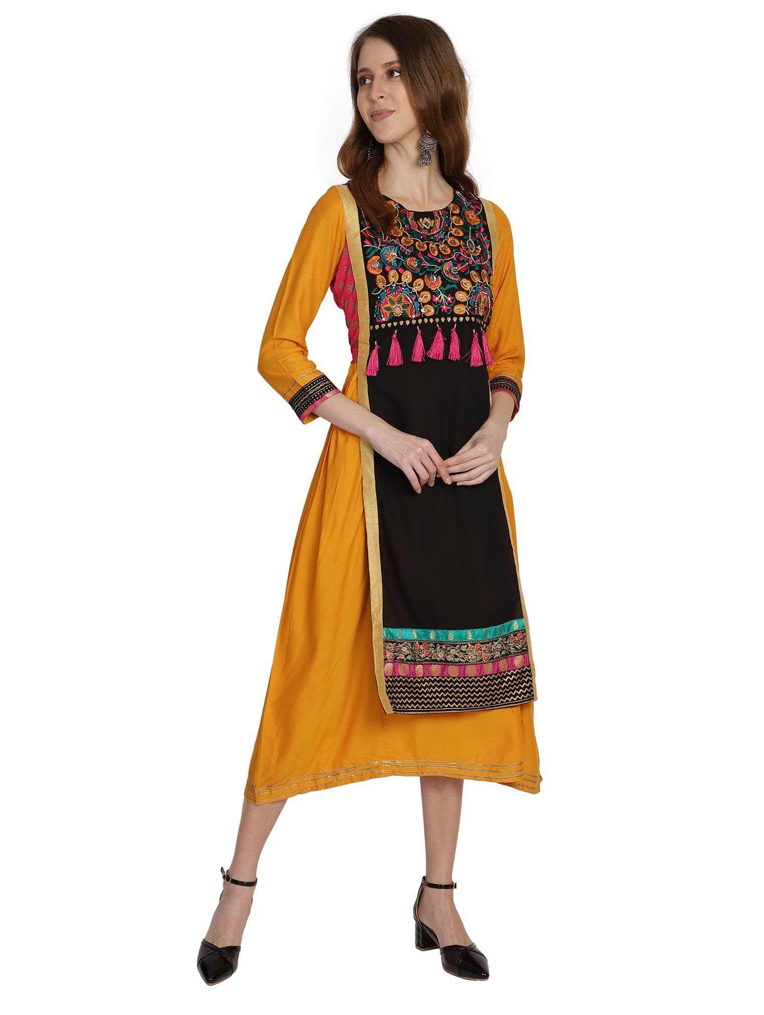 

Bani Women Women Viscose Rayon Embroidered Mustard Kurta Dress
