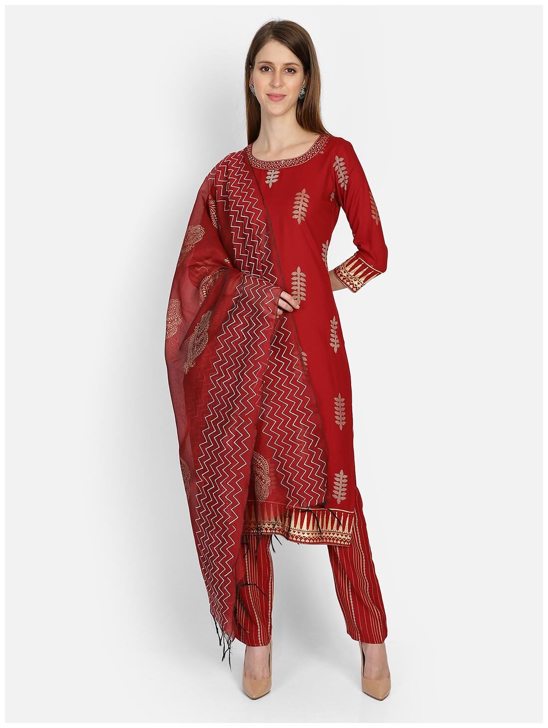 

Bani Women Women Maroon Printed Straight Kurta With Pants And Dupatta