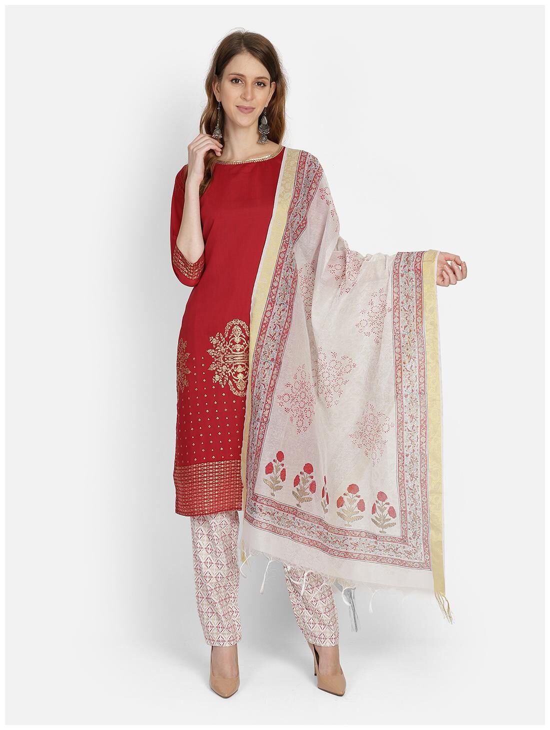 

Bani Women Women Maroon Floral Straight Kurta With Pants And Dupatta