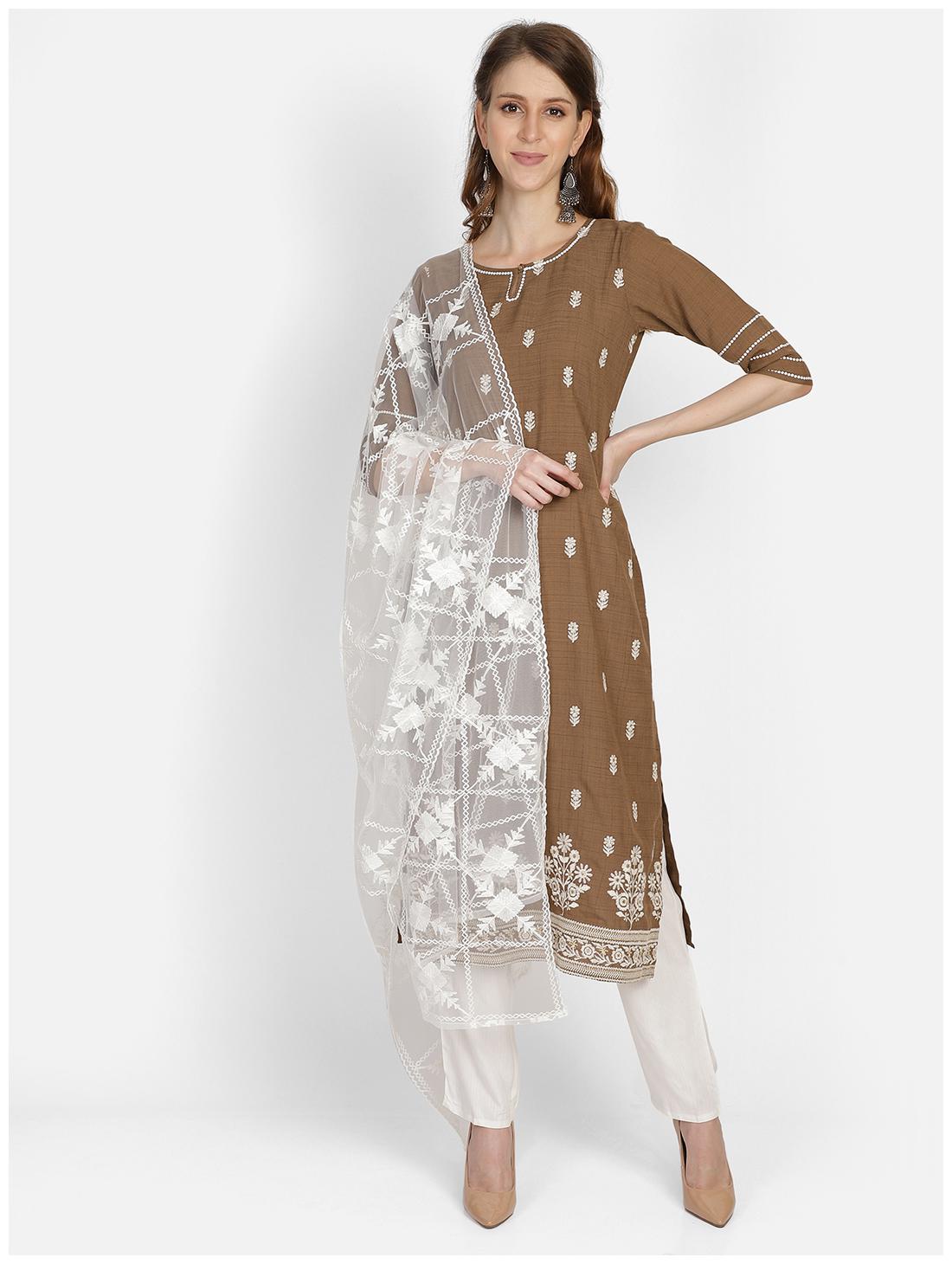 

Bani Women Women Brown Floral Straight Kurta With Pants And Dupatta
