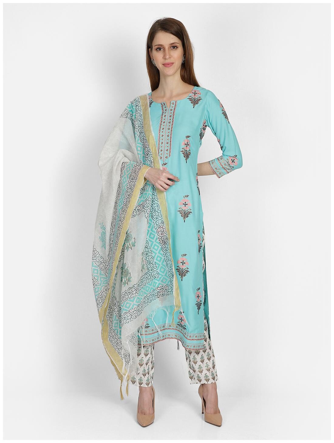 

Bani Women Women Green Floral Straight Kurta With Pants And Dupatta