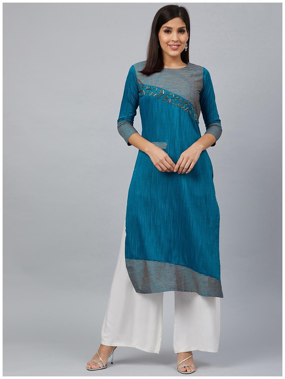 

Bani Women Women Blue Checkered Straight Kurta