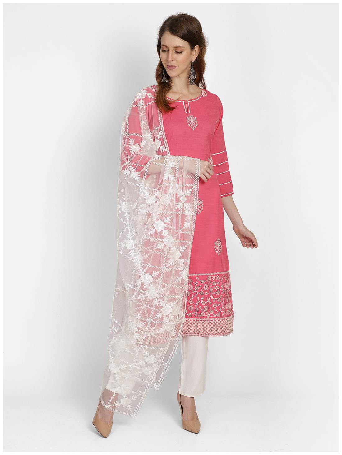 

Bani Women Women Pink Floral Straight Kurta With Pants And Dupatta
