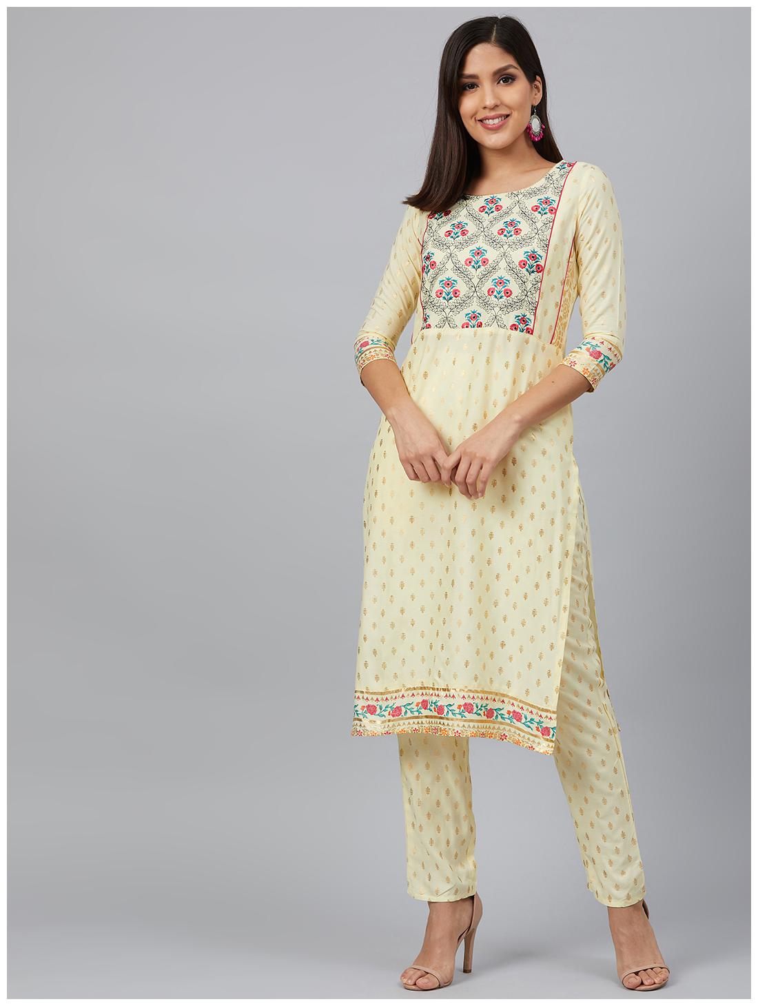 

Bani Women Women Yellow Floral Straight Kurta With Pants