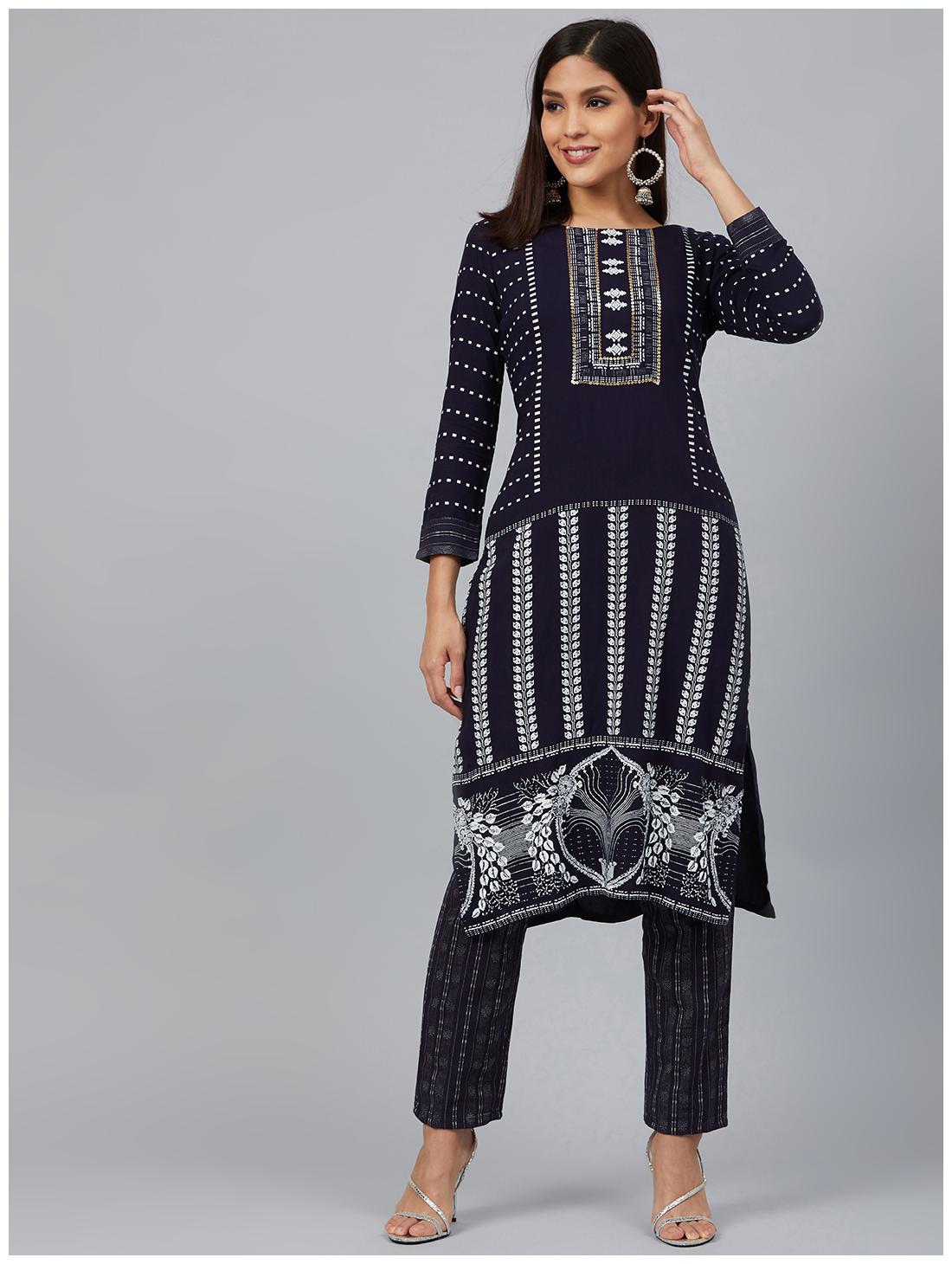 

Bani Women Women Blue Floral Straight Kurta With Pants