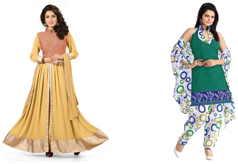 BanoRani Combo Pack of 2 Beige Green Color Faux Georgette PolyCotton Self Design Printed Semi Stitched Unstitched Dress Material