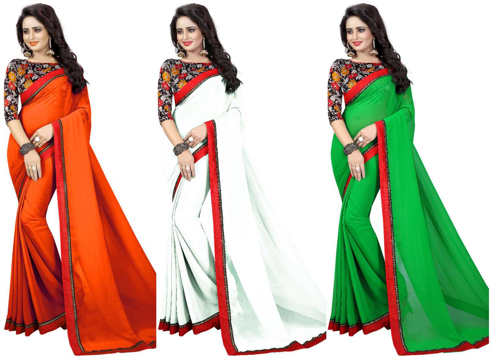 

Bansidhar Combo of 3 Georgette Tri Color Sarees With Blouse