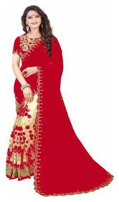 

Bansidhar Red Embroidered Dupion Designer Saree With blouse