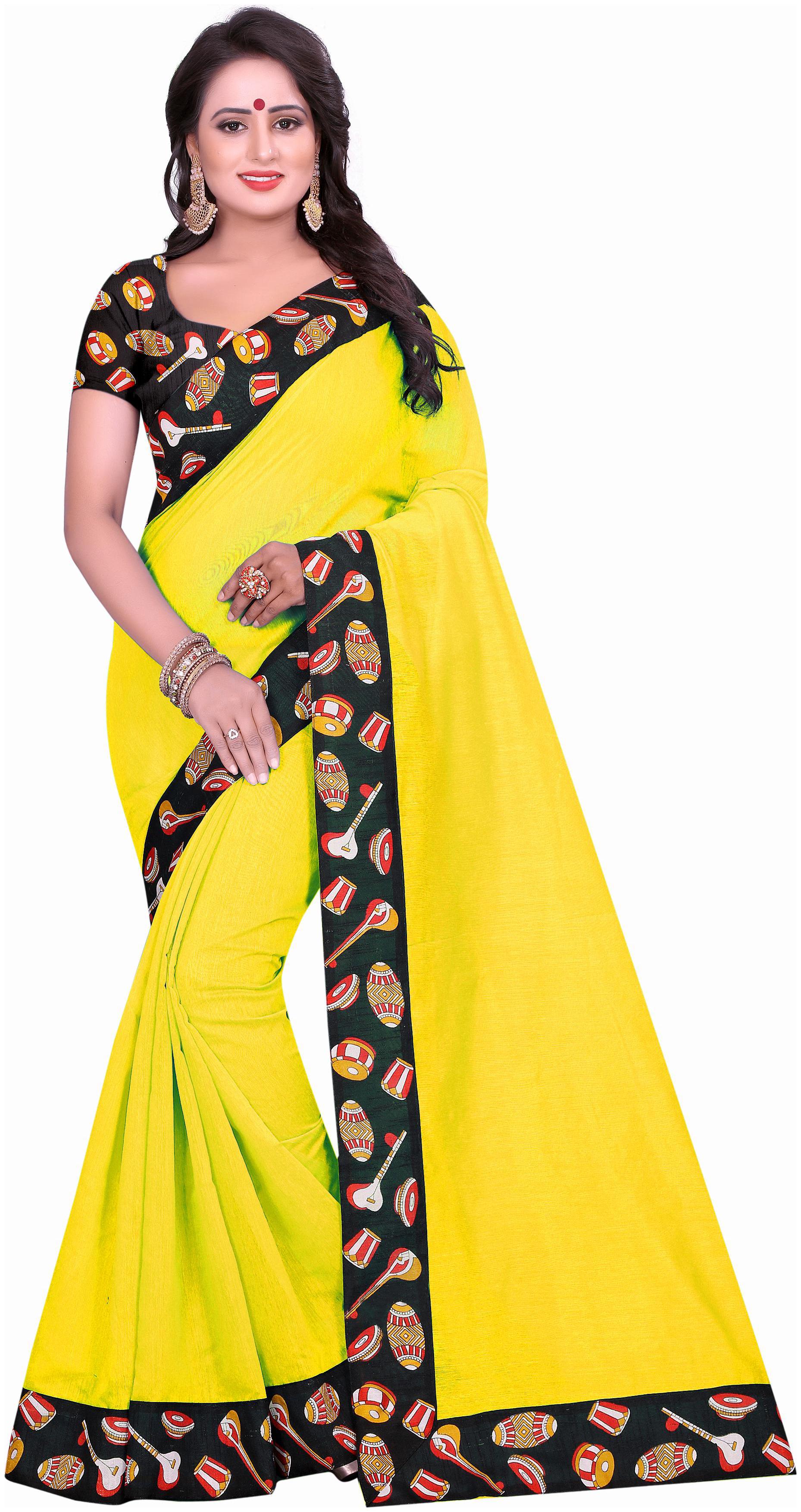

Bansidhar Yellow Solid Kalamkari Regular Saree With Blouse With blouse
