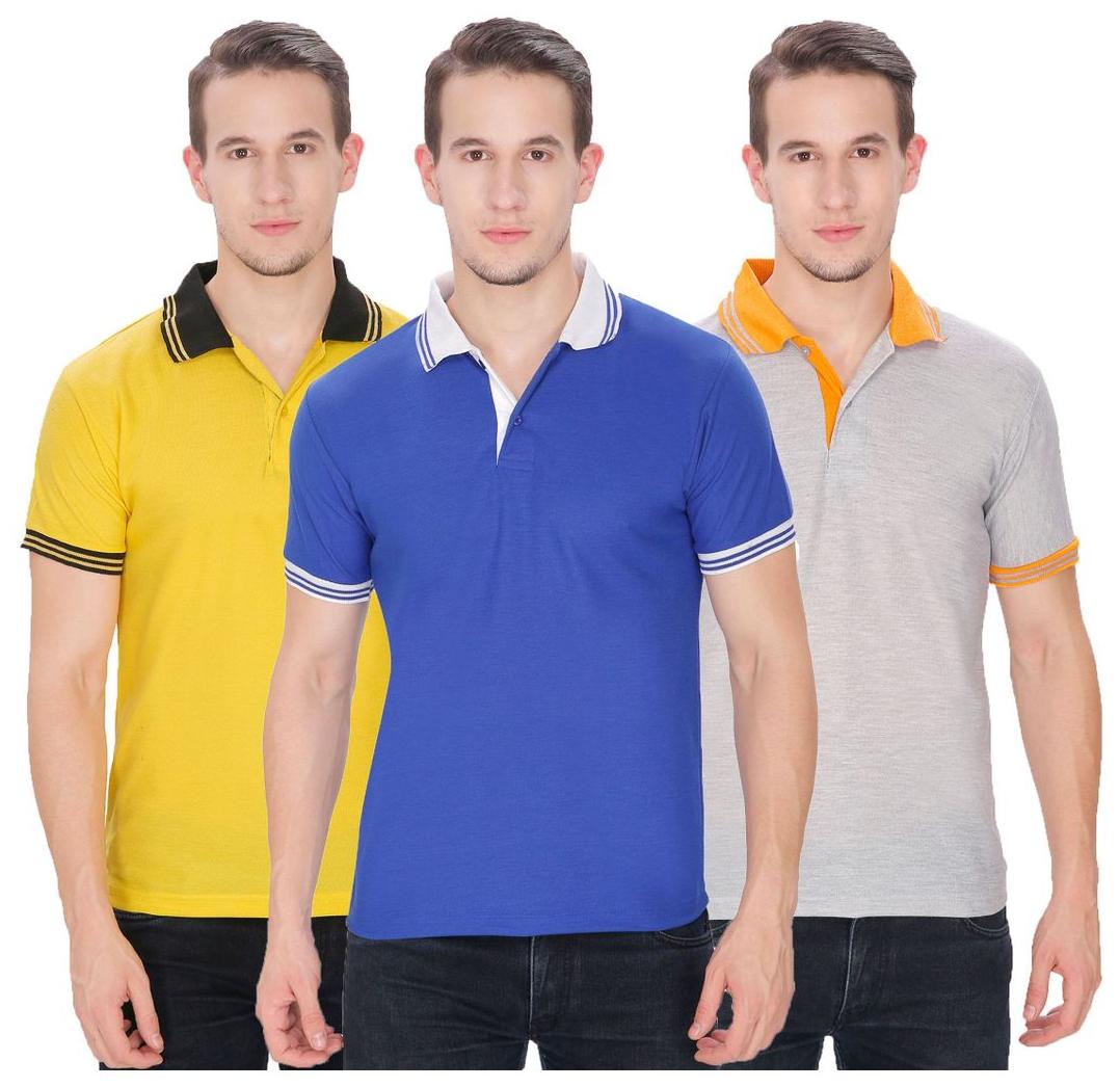 

Baremoda Solid Men s Polo Neck Yellow Grey Blue T-Shirt (Pack of 3)