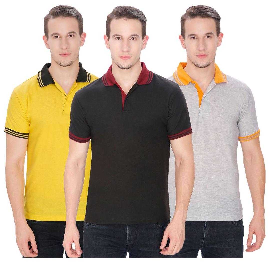 

Baremoda Solid Men s Polo Neck Yellow Grey Black T-Shirt (Pack of 3)