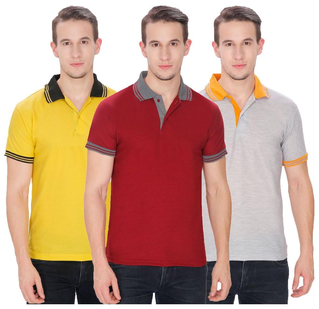 

Baremoda Solid Men s Polo Neck Yellow Grey Maroon T-Shirt (Pack of 3)