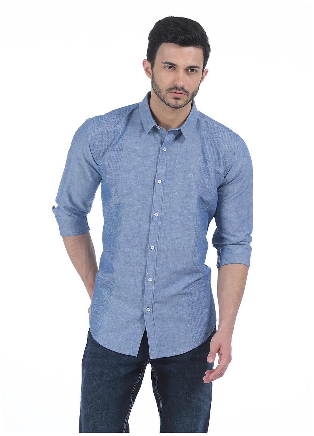 

Basics CASUAL SELF BLUE COTTON LINEN SLIM SHIRT