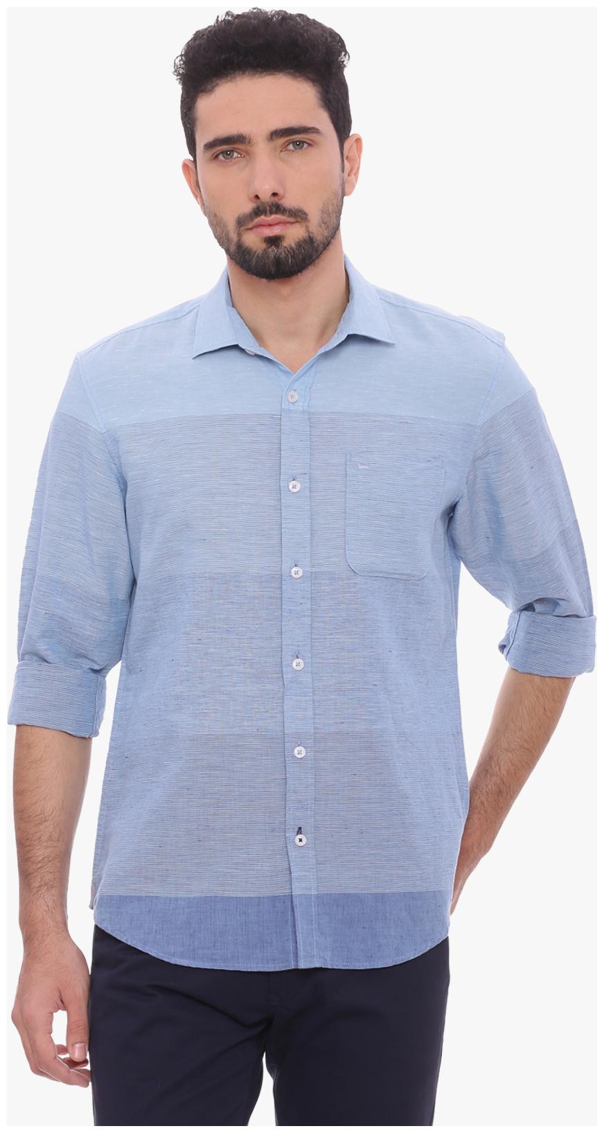 

BASICS CASUAL STRIPED BLUE COTTON LINEN SLIM SHIRT