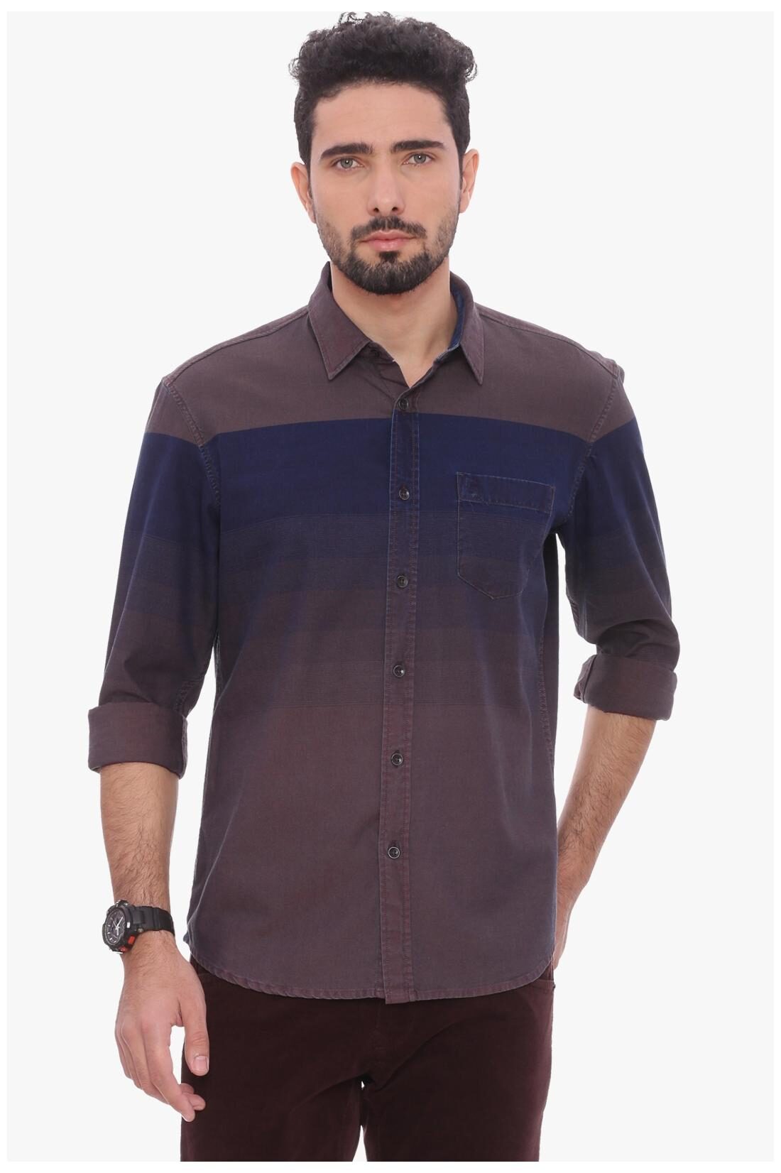 

BASICS CASUAL STRIPED BROWN 100 COTTON SLIM SHIRT