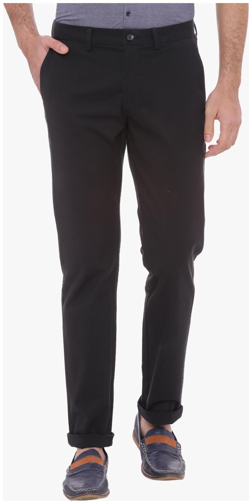 

BASICS CASUAL PLAIN BLACK COTTON ELASTANE TAPERED TROUSERS