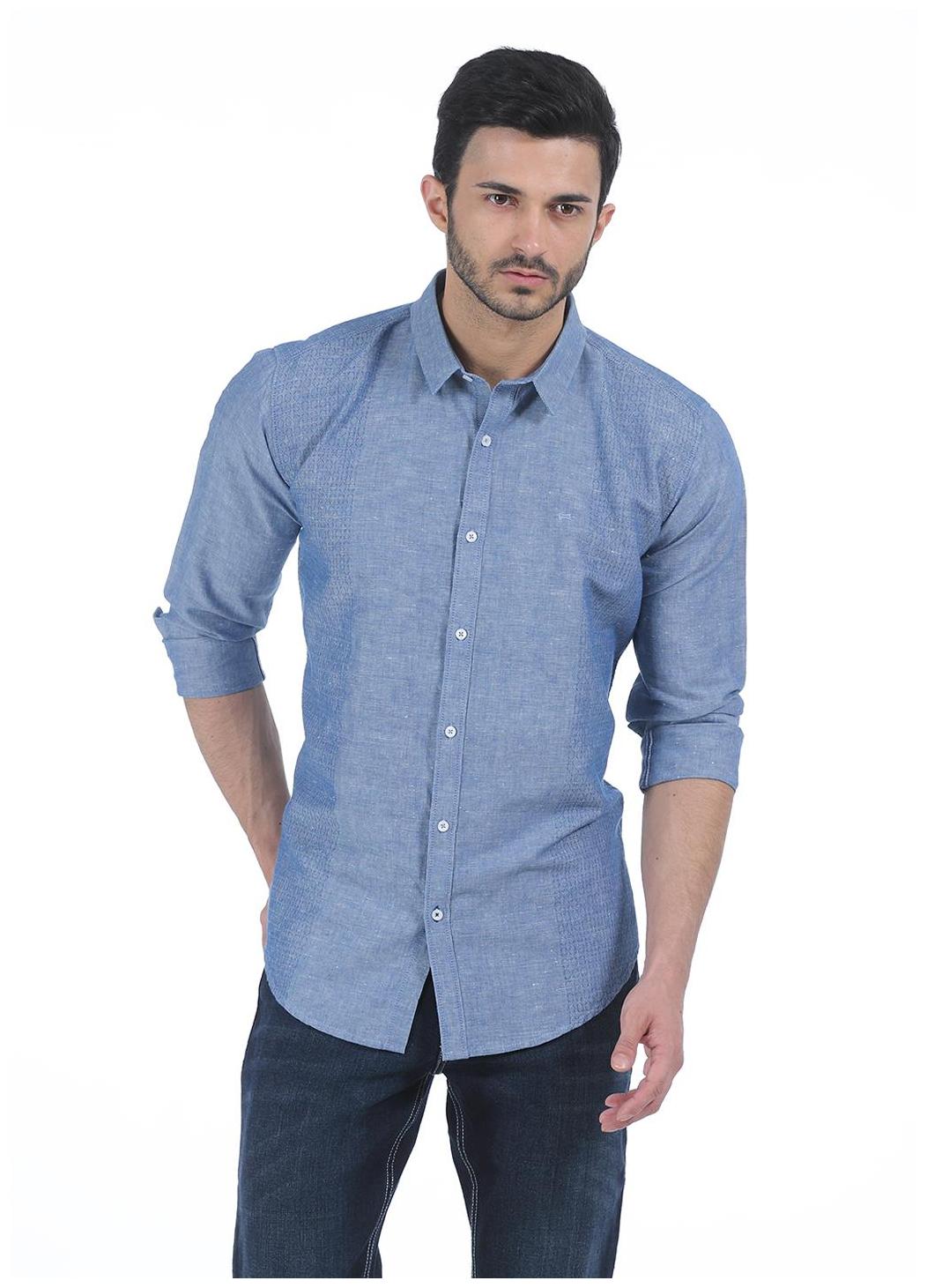 

Basics CASUAL SELF BLUE COTTON LINEN SLIM SHIRT