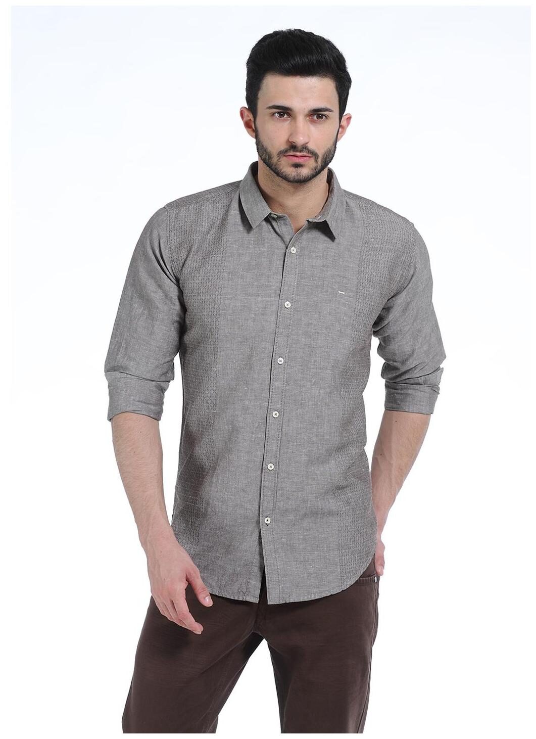 

Basics CASUAL SELF BROWN COTTON LINEN SLIM SHIRT