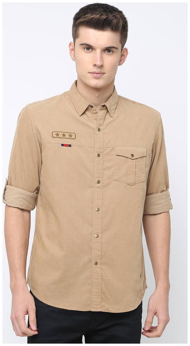 BASICS Men Beige Solid Slim Fit Casual Shirt