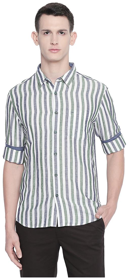 

BASICS Men Green Vertical Stripes Slim Fit Casual Shirt