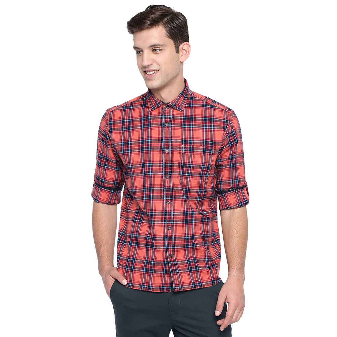 

BASICS Men Orange Checked Slim Fit Casual Shirt