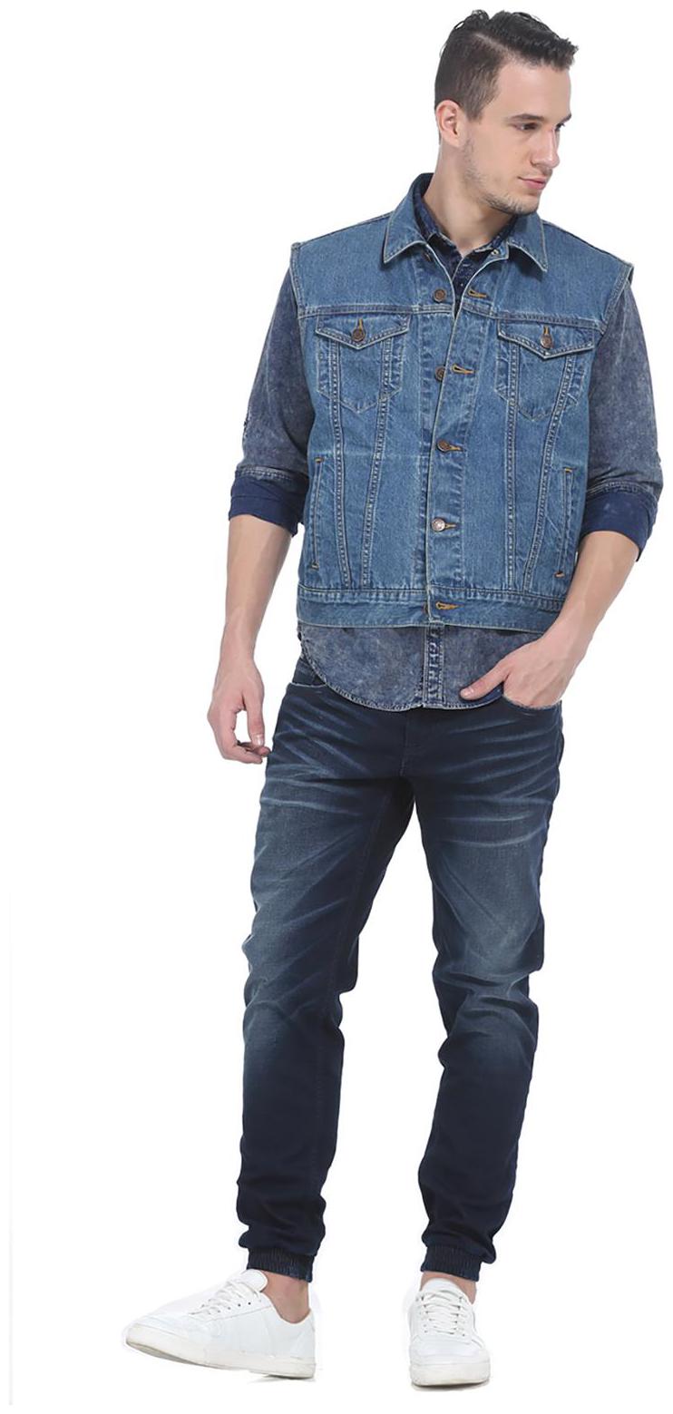 

Basics men s navy slim fit sleeveless mid cut away collar plain jacket