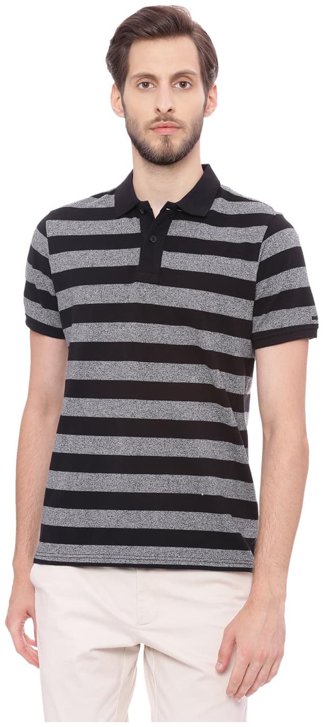 

Basics Muscle Fit Smokey Black Striped Polo T Shirt