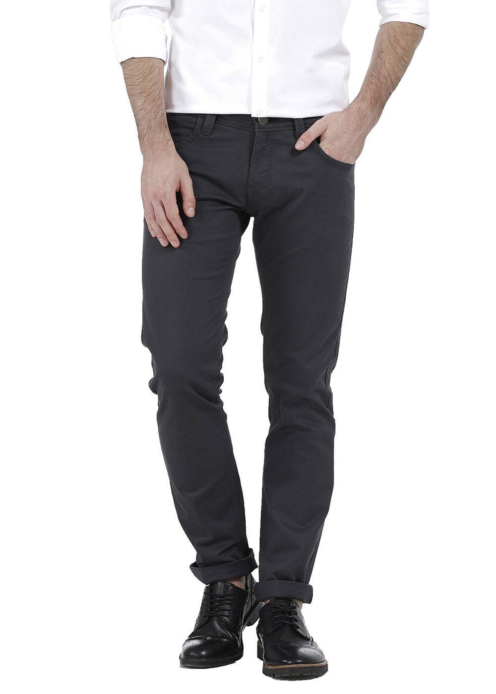 

BASICS Men Grey Solid Slim fit Regular trousers