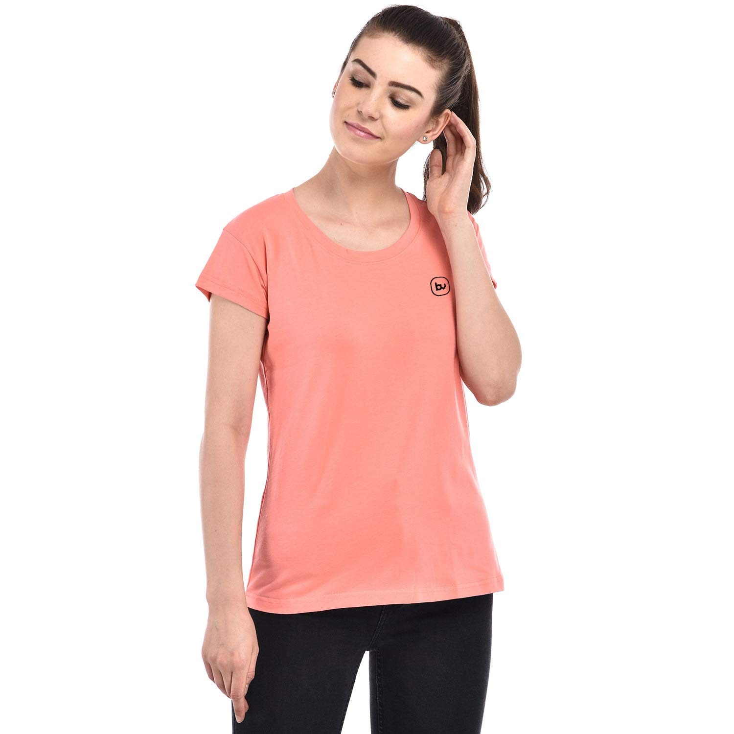 

BAZARVILLE Women Peach Regular fit Round neck Cotton T shirt