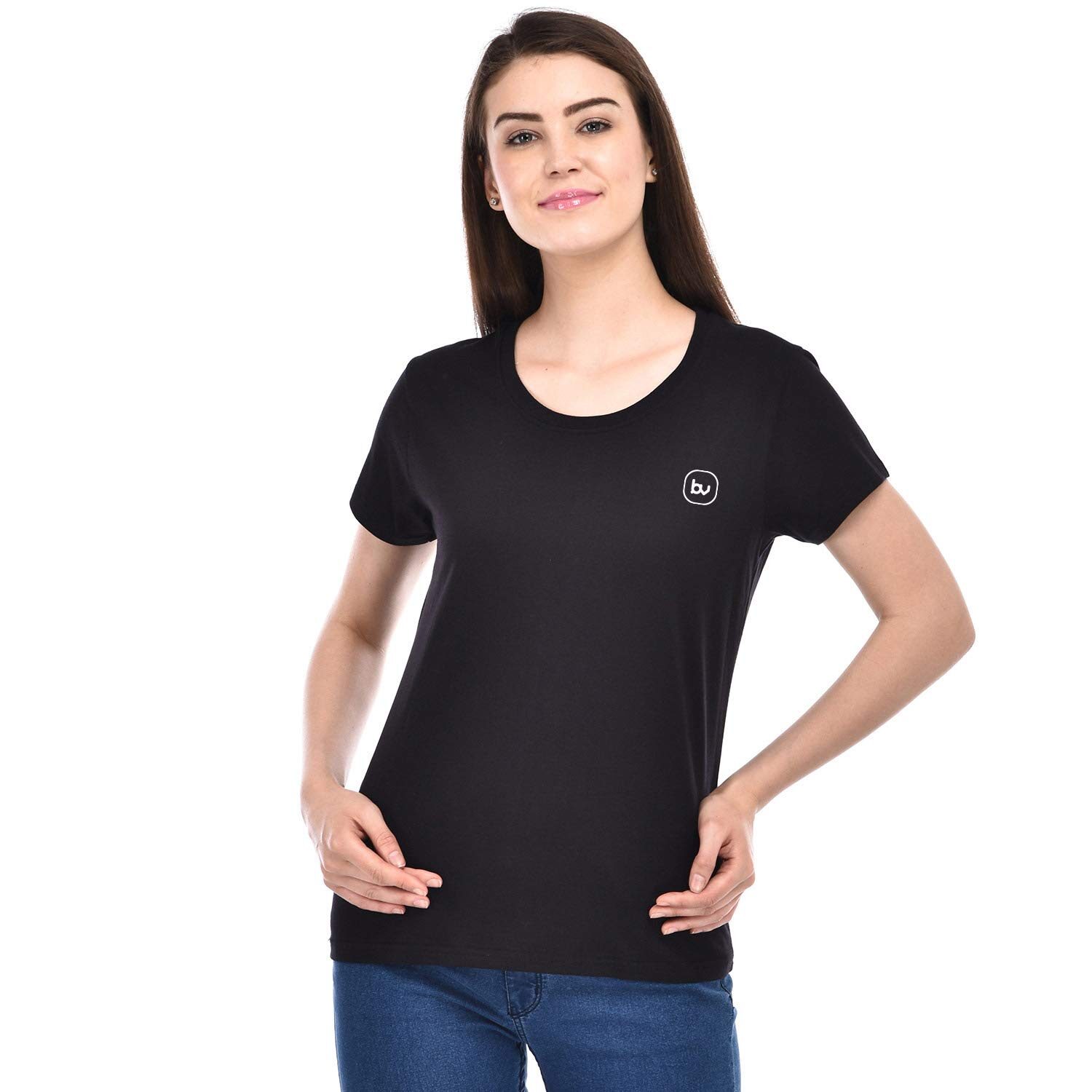 

BAZARVILLE Women Black Regular fit Round neck Cotton T shirt