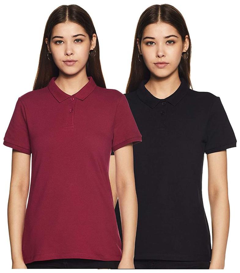 

BAZARVILLE Women Black Maroon Regular fit Polo neck Cotton T shirt