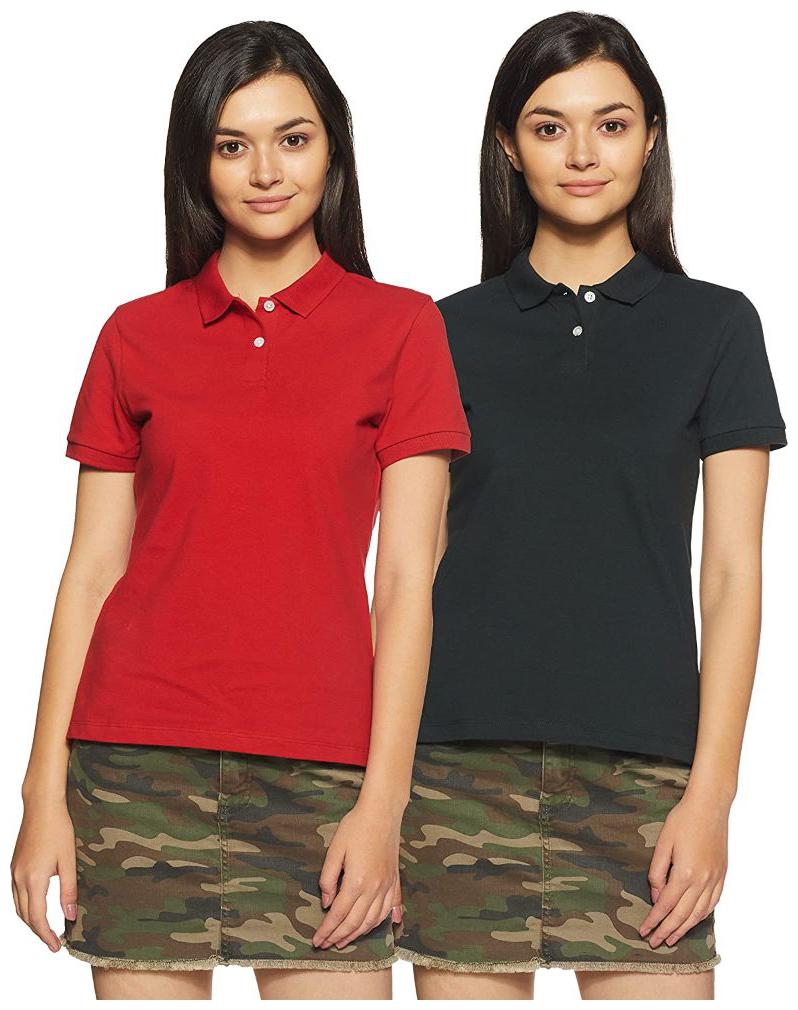 

BAZARVILLE Women Red Black Regular fit Polo neck Cotton T shirt